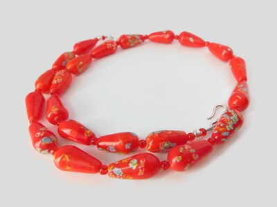 Red Millefiori Necklace Art Glass Jewelry with Tombo Beads - image3